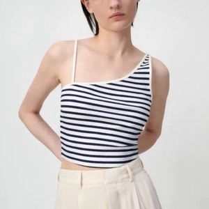 Zara Navy White Striped One Shoulder Stretchy Cropped Tank Top